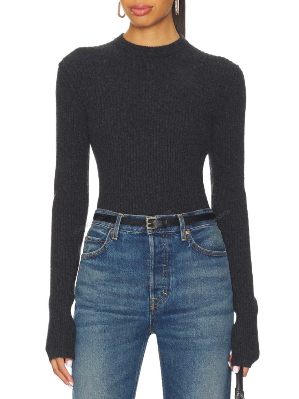 Free People Ever After Pullover Charcoal Ribbed Wool Blend Sweater L NWT